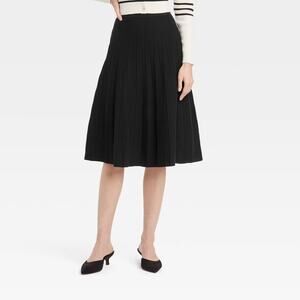 A New Day (XL) Black Pleated Ribbed Knit KneeLength Skirt Work Office Minimalist